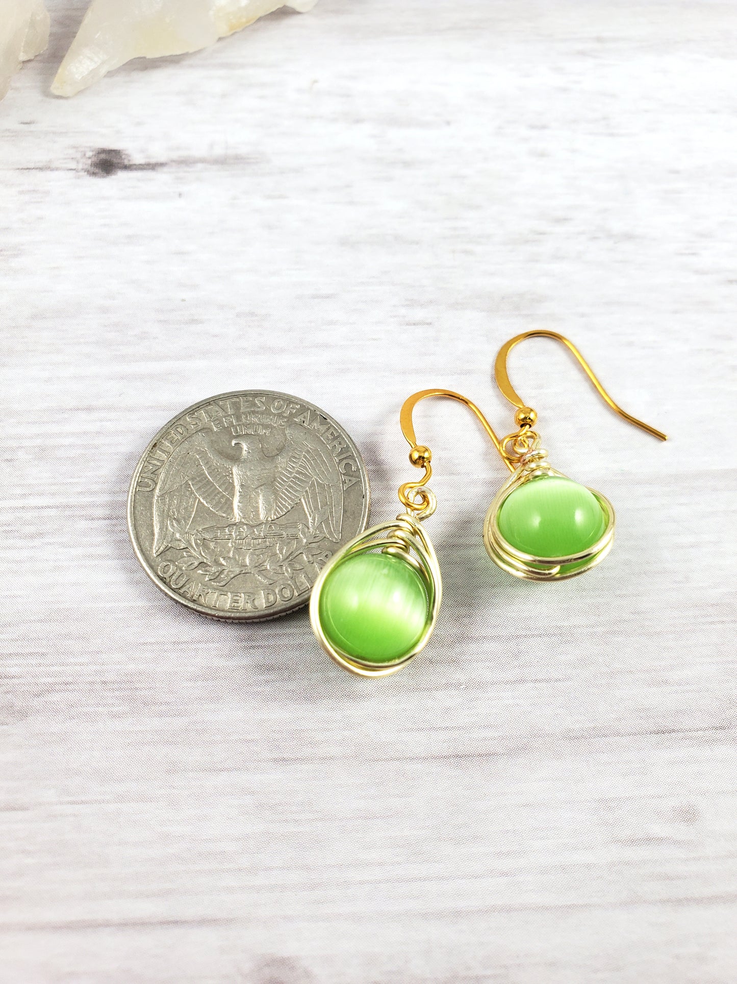 Gold and Green Cats Eye Wire Wrapped Earrings