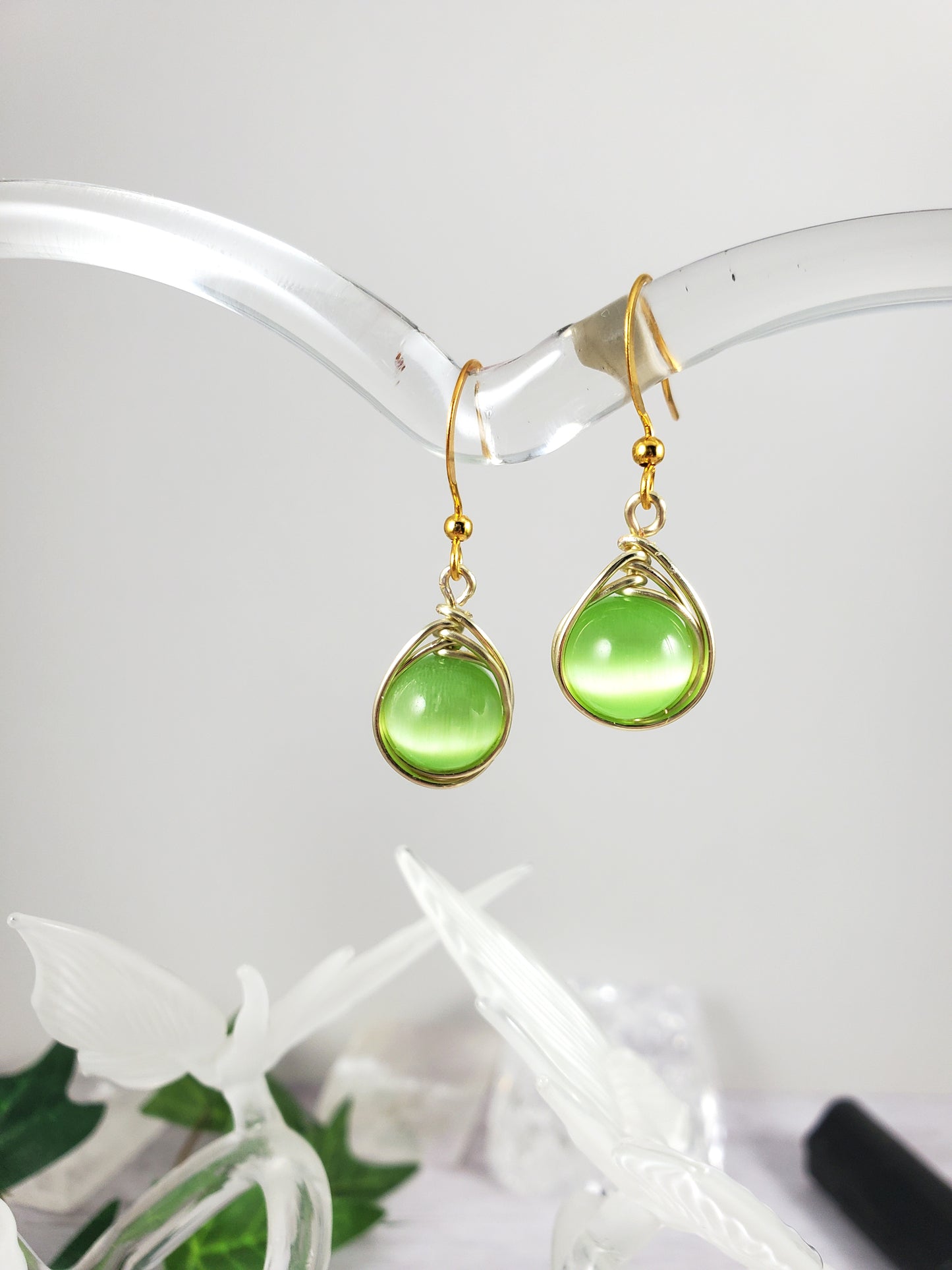 Gold and Green Cats Eye Wire Wrapped Earrings