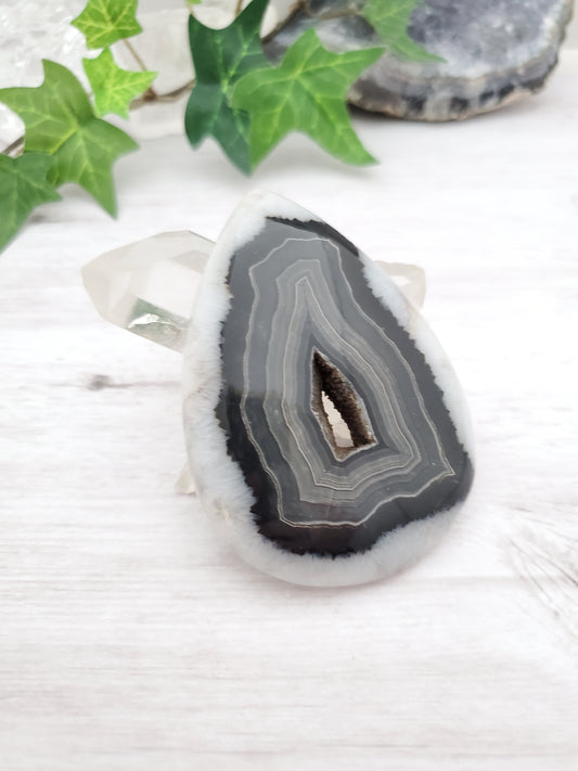Extra Large Black and White Druzy Banded Agate Teardrop