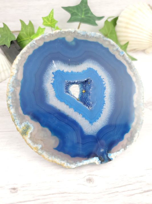 Bright Blue Dyed Agate Slice with Sparkly Geode Center