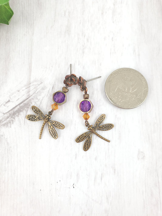 Purple and Bronze Dragonfly Stud Earrings