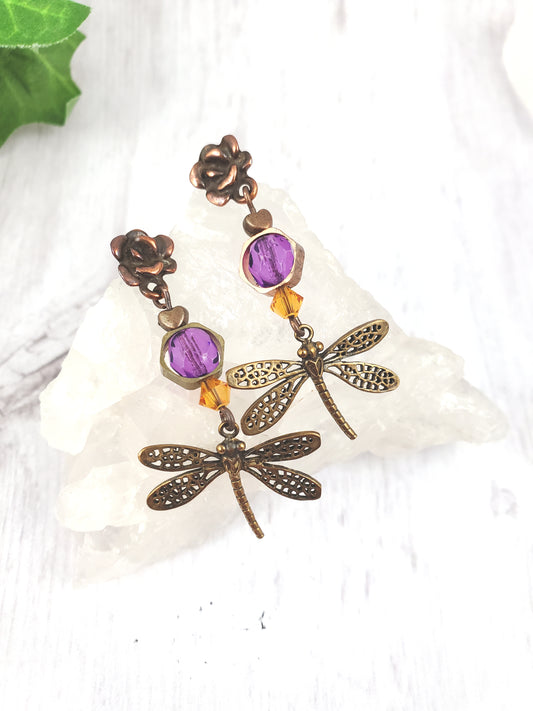 Purple and Bronze Dragonfly Stud Earrings