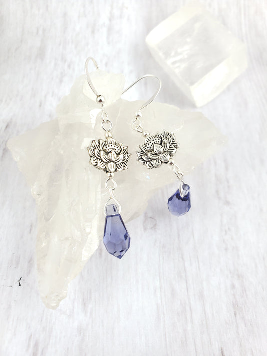 Blue Crystal Briolette and Silver Lotus Dangle Earrings