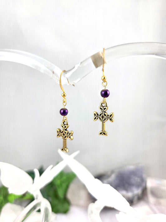 Gold Celtic Cross Dangle Earrings