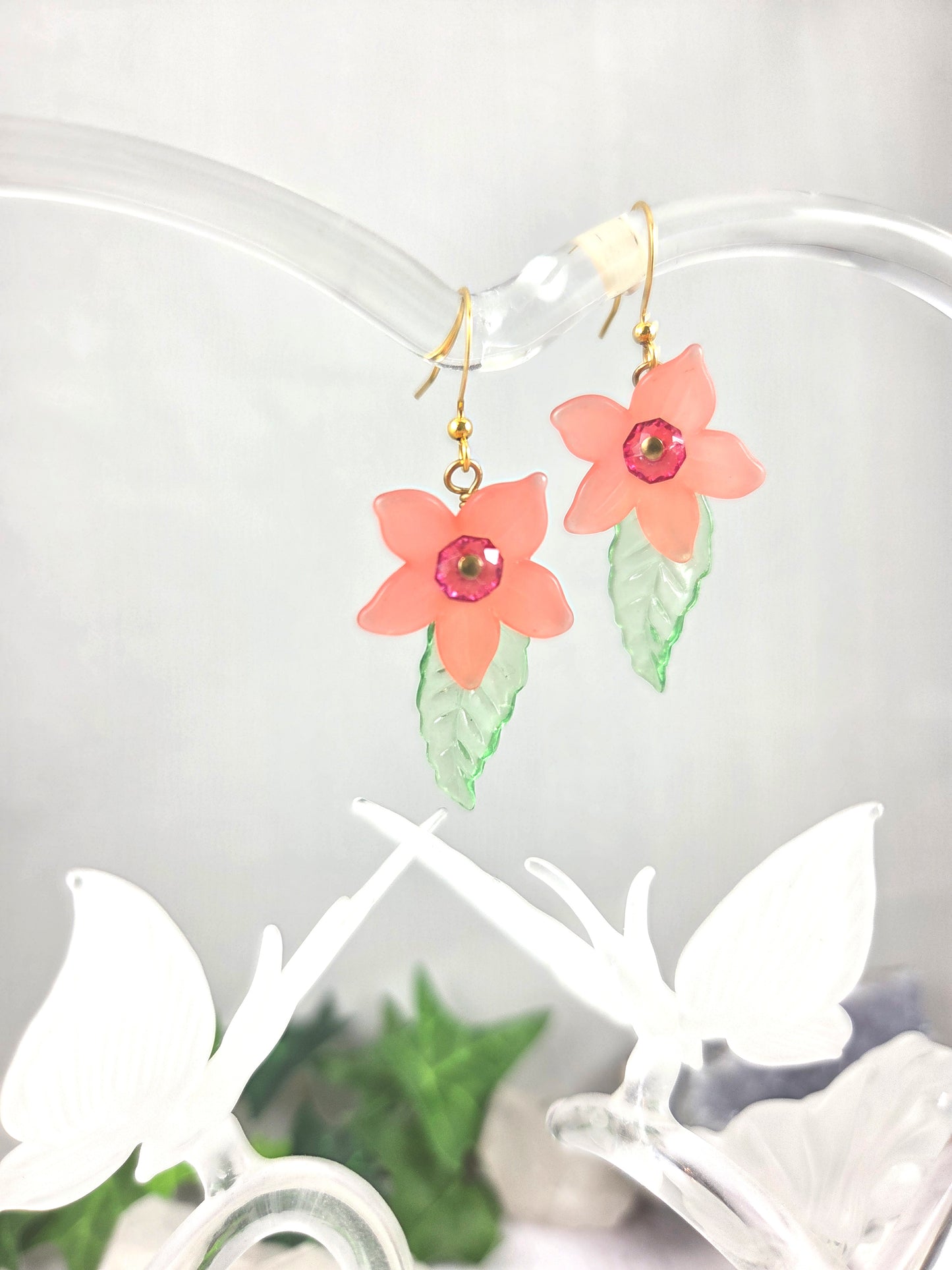 Fun Lucite Flower with Leaf Dangle Earrings