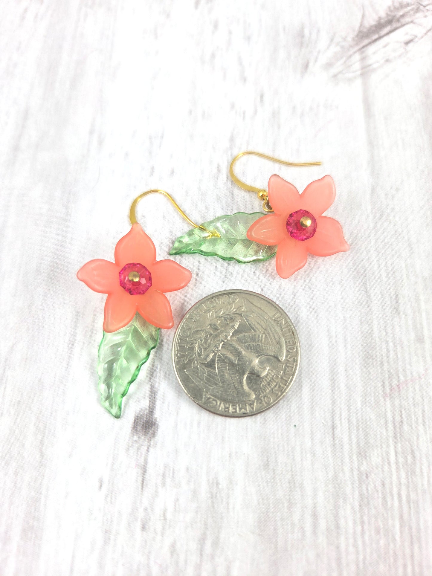 Fun Lucite Flower with Leaf Dangle Earrings