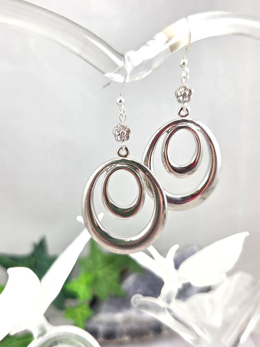 Double Oval and Flowers Silver Dangle Earrings