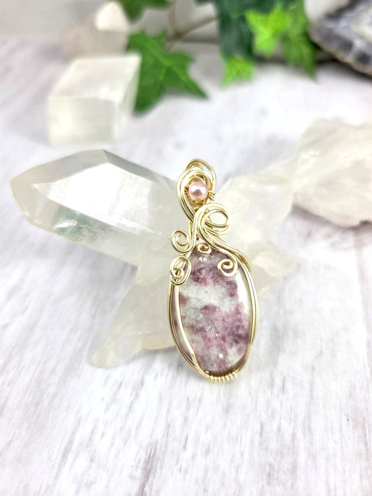 Purple and White Lepidolite Wire Wrapped Pendant