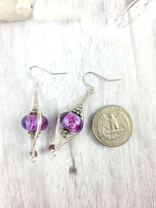 Purple Flower Lamp Work Herringbone Wrapped Earrings