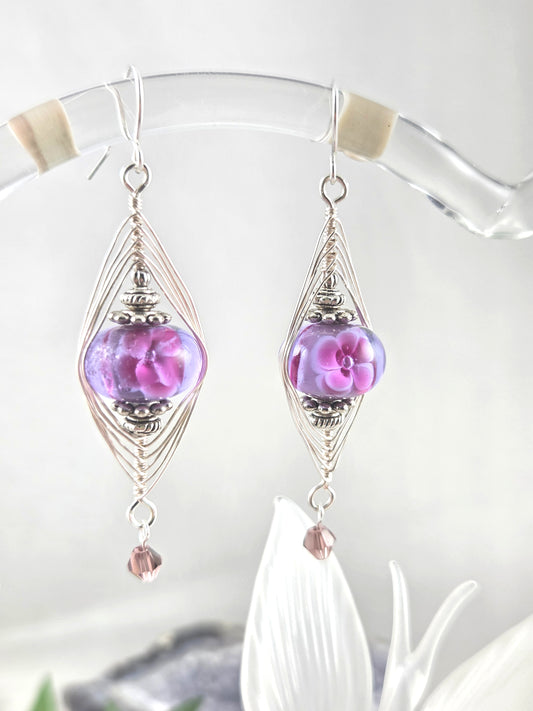 Purple Flower Lamp Work Herringbone Wrapped Earrings