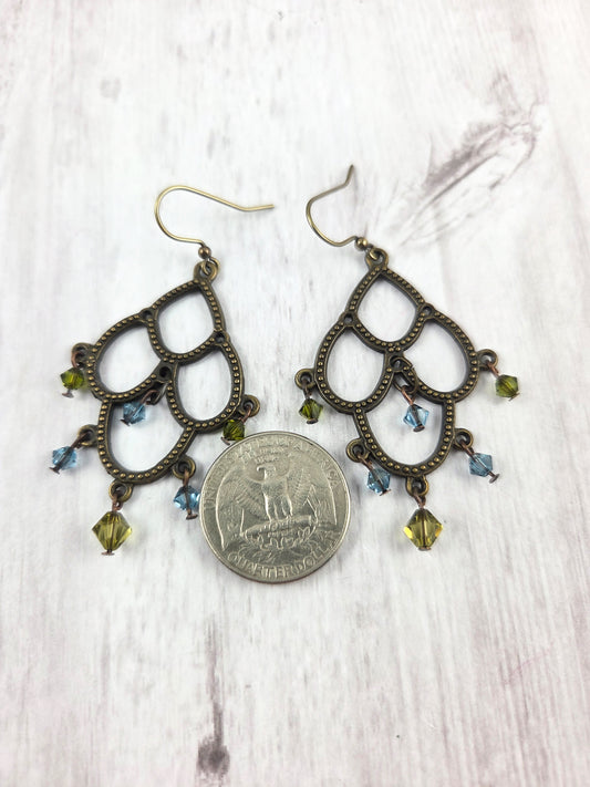 Fabulous Lobed Statement Boho Earrings with Blue and Green Crystals