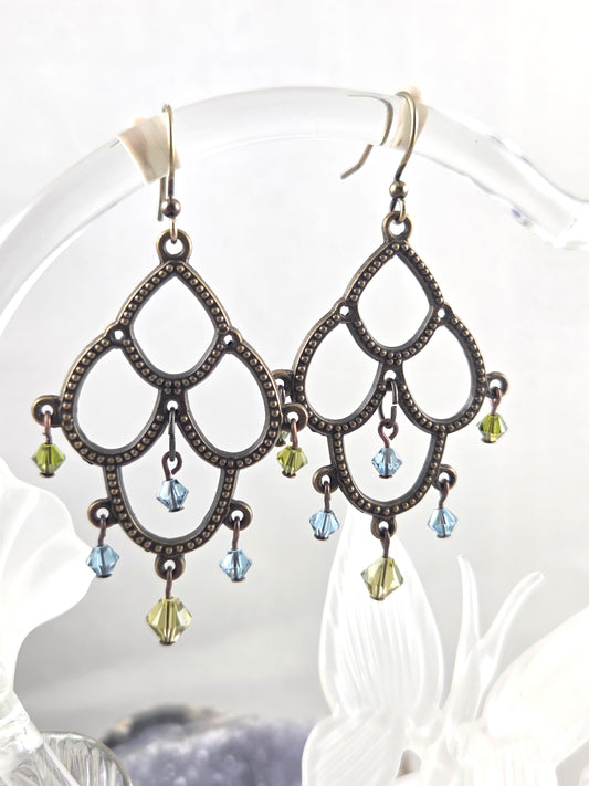 Fabulous Lobed Statement Boho Earrings with Blue and Green Crystals