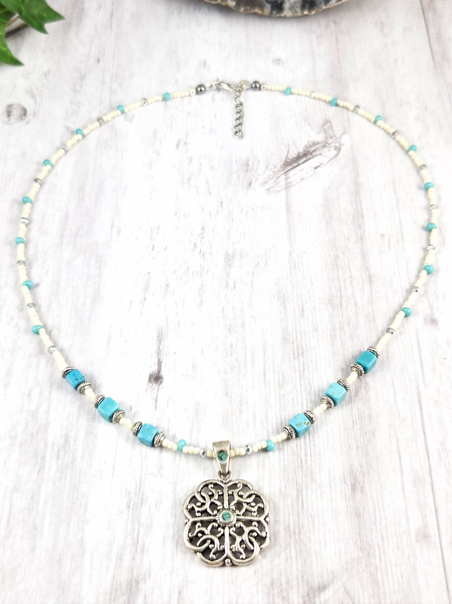 Silver, Turquoise and White Pierced Clover Pendant Necklace