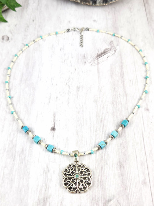 Silver, Turquoise and White Pierced Clover Pendant Necklace