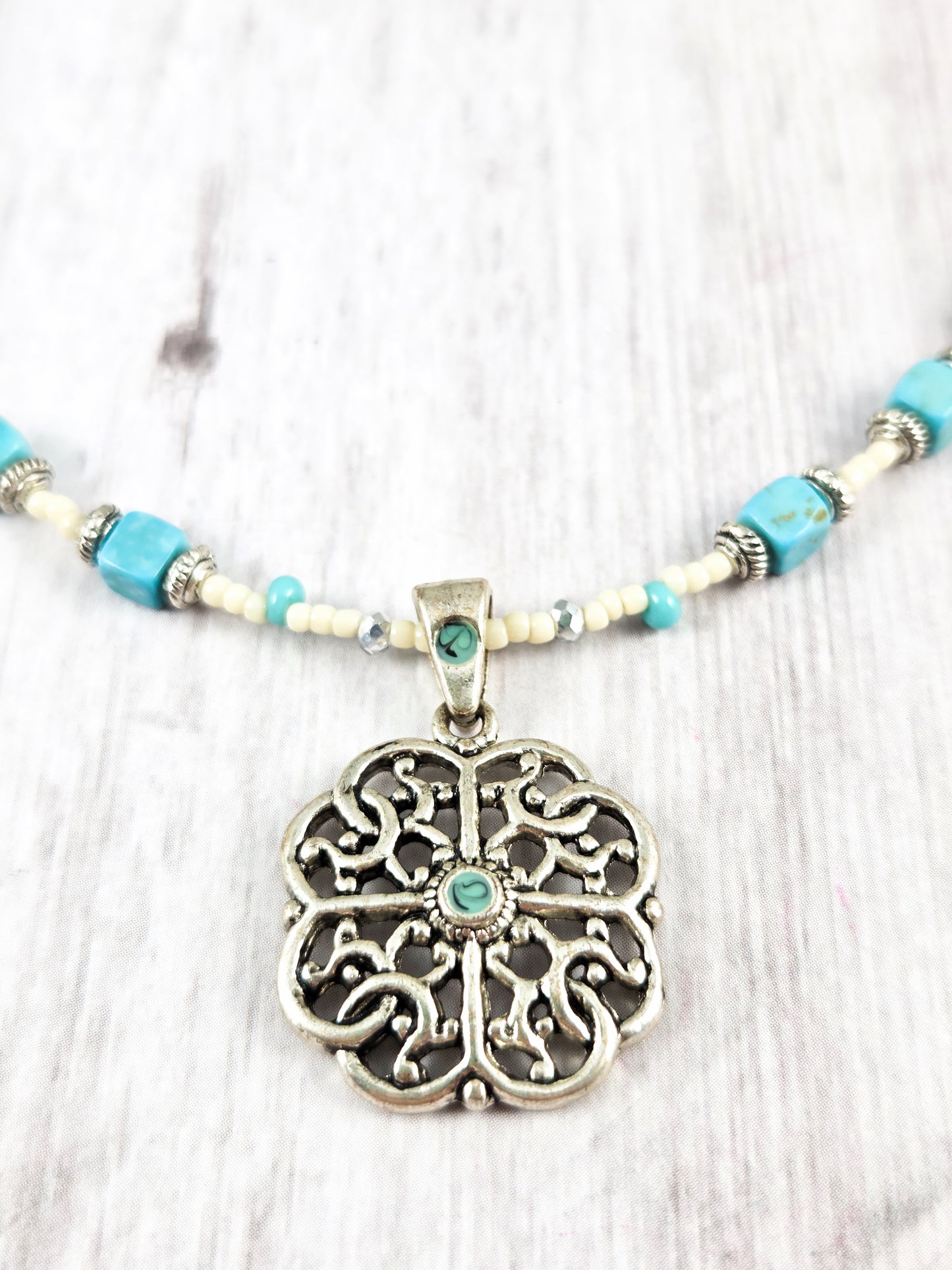 Silver, Turquoise and White Pierced Clover Pendant Necklace