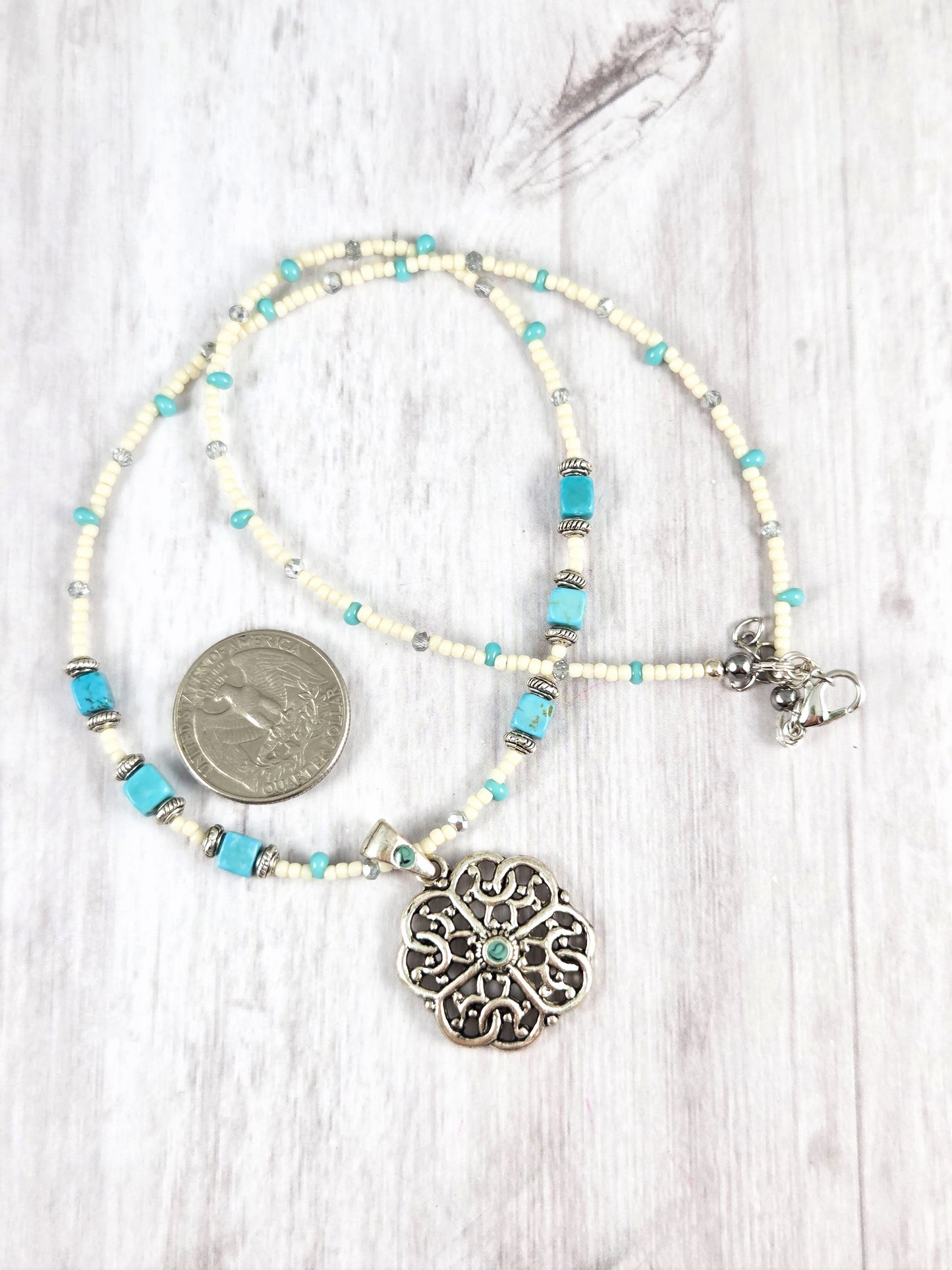 Silver, Turquoise and White Pierced Clover Pendant Necklace