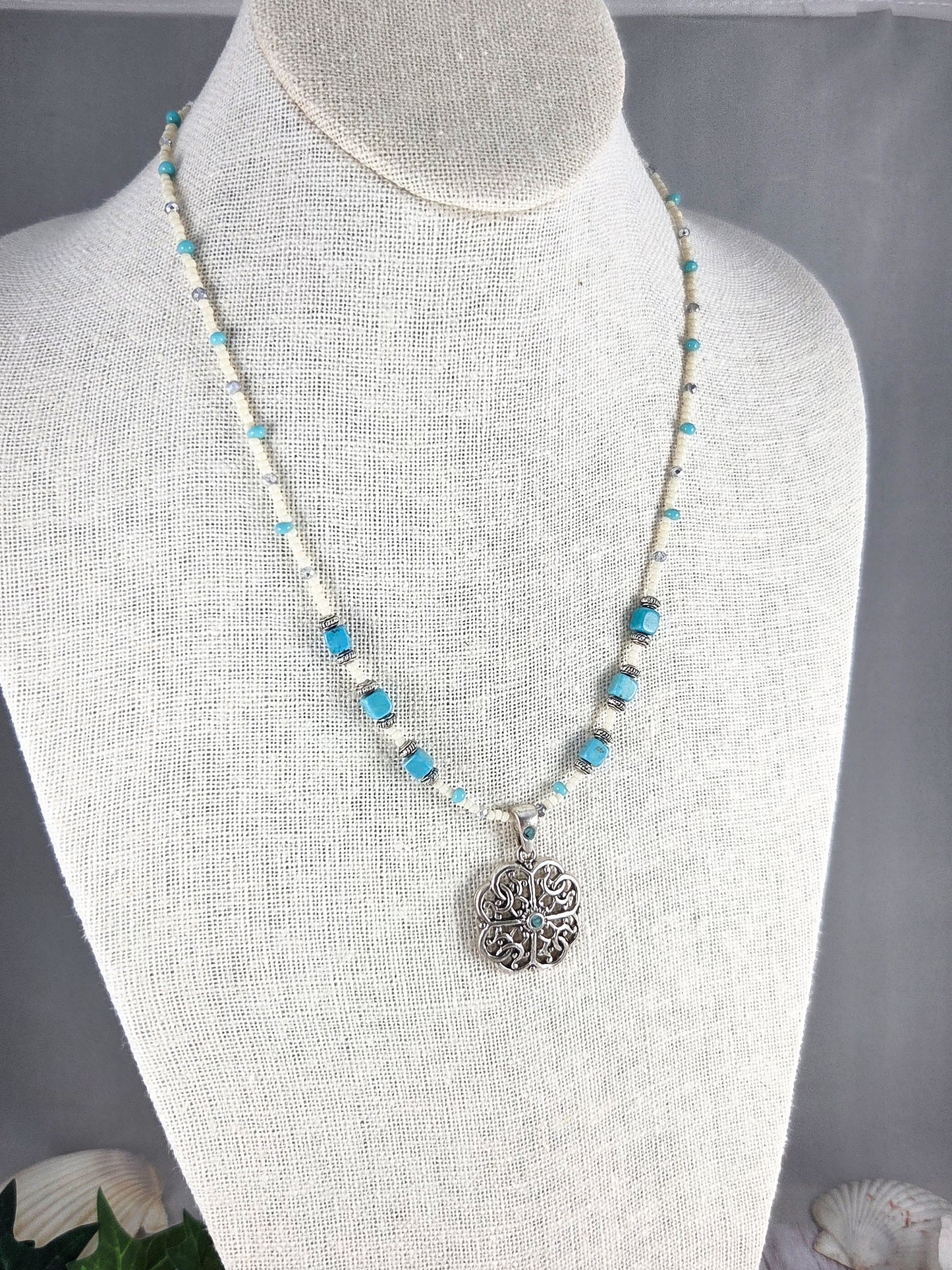 Silver, Turquoise and White Pierced Clover Pendant Necklace
