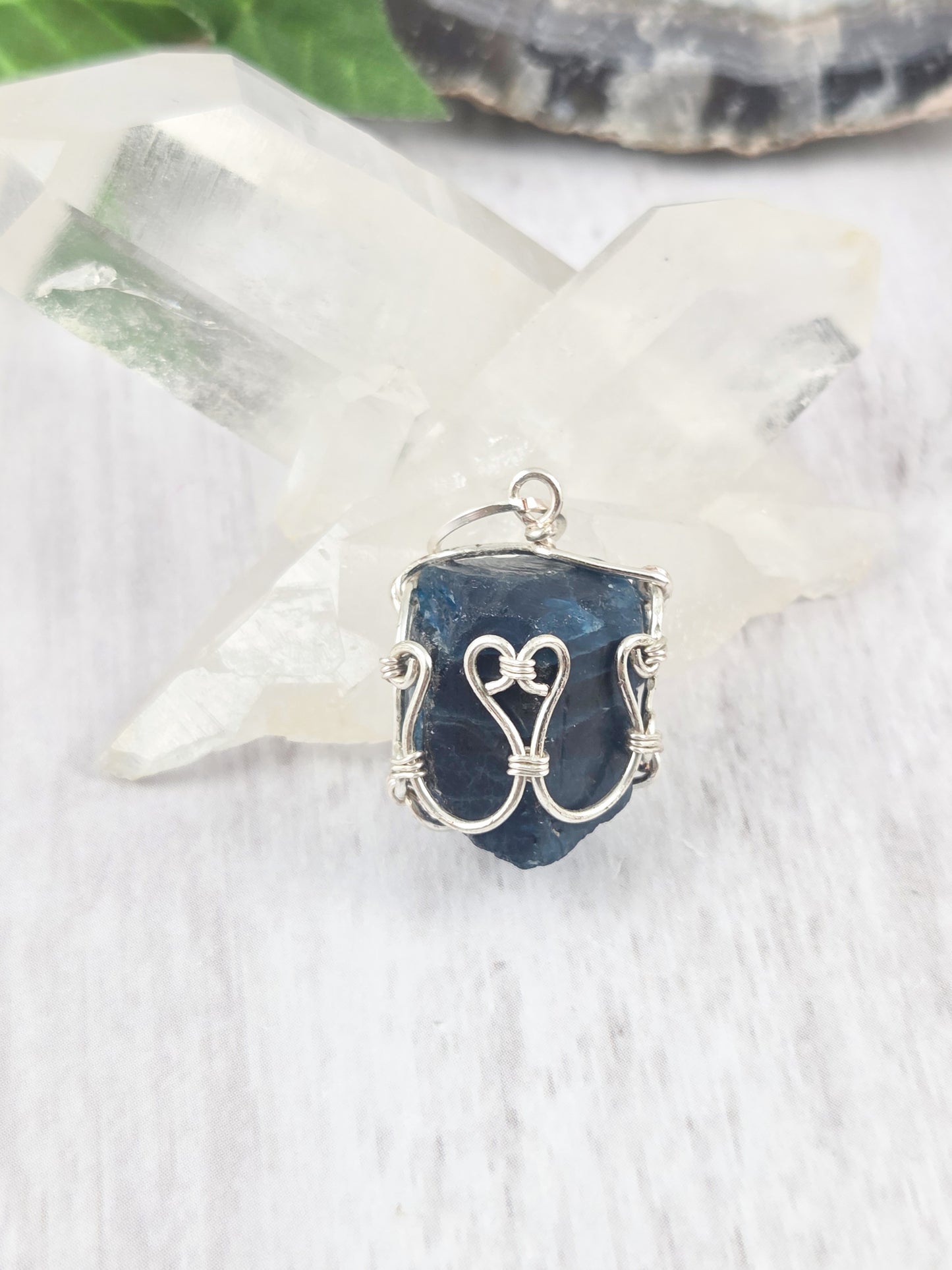 Cage Wrapped Dark Blue Apatite Crystal Termination Pendant