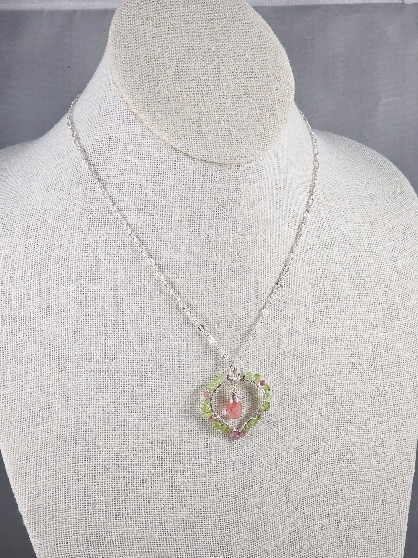 Peridot, Pink Tourmaline and Cherry Quartz Open Heart Pendant Necklace