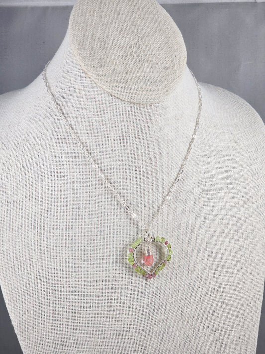 Peridot, Pink Tourmaline and Cherry Quartz Open Heart Pendant Necklace