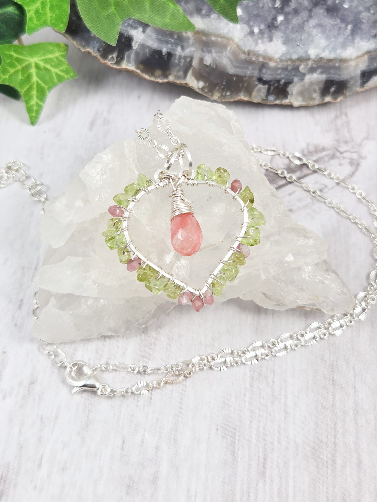 Peridot, Pink Tourmaline and Cherry Quartz Open Heart Pendant Necklace