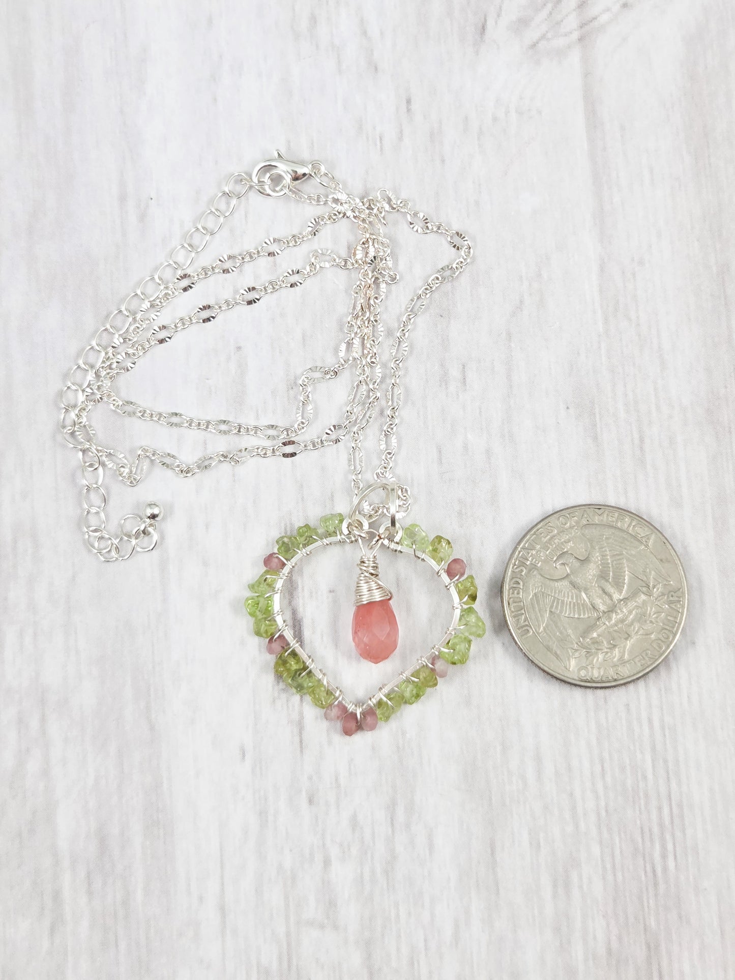 Peridot, Pink Tourmaline and Cherry Quartz Open Heart Pendant Necklace