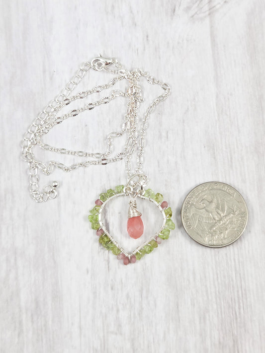 Peridot, Pink Tourmaline and Cherry Quartz Open Heart Pendant Necklace