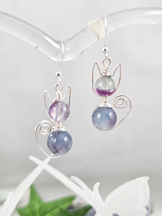 Purple and Green Fluorite Kitty Cat Earrings