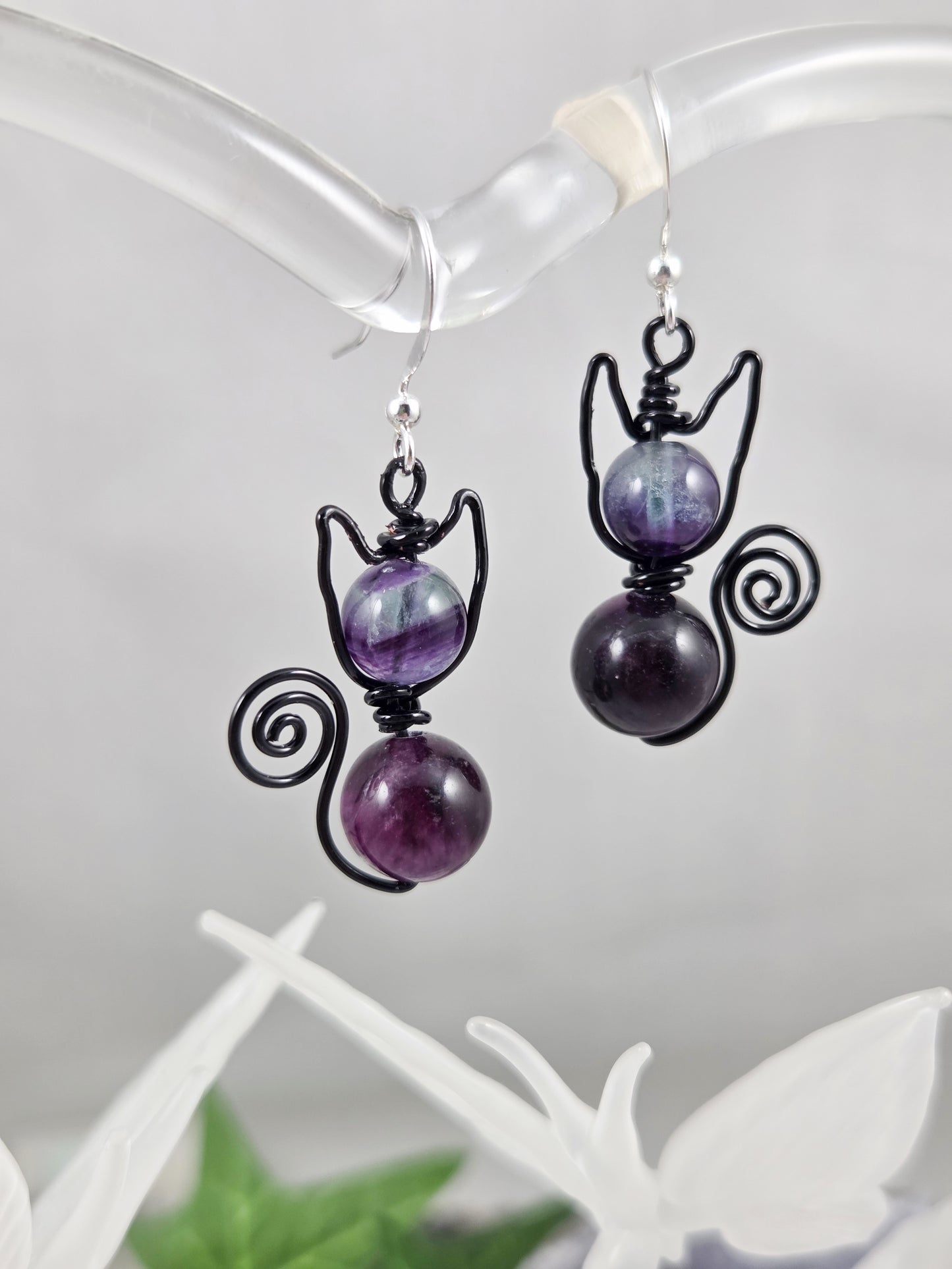 Dark Purple Fluorite Kitty Earrings in Black Wire
