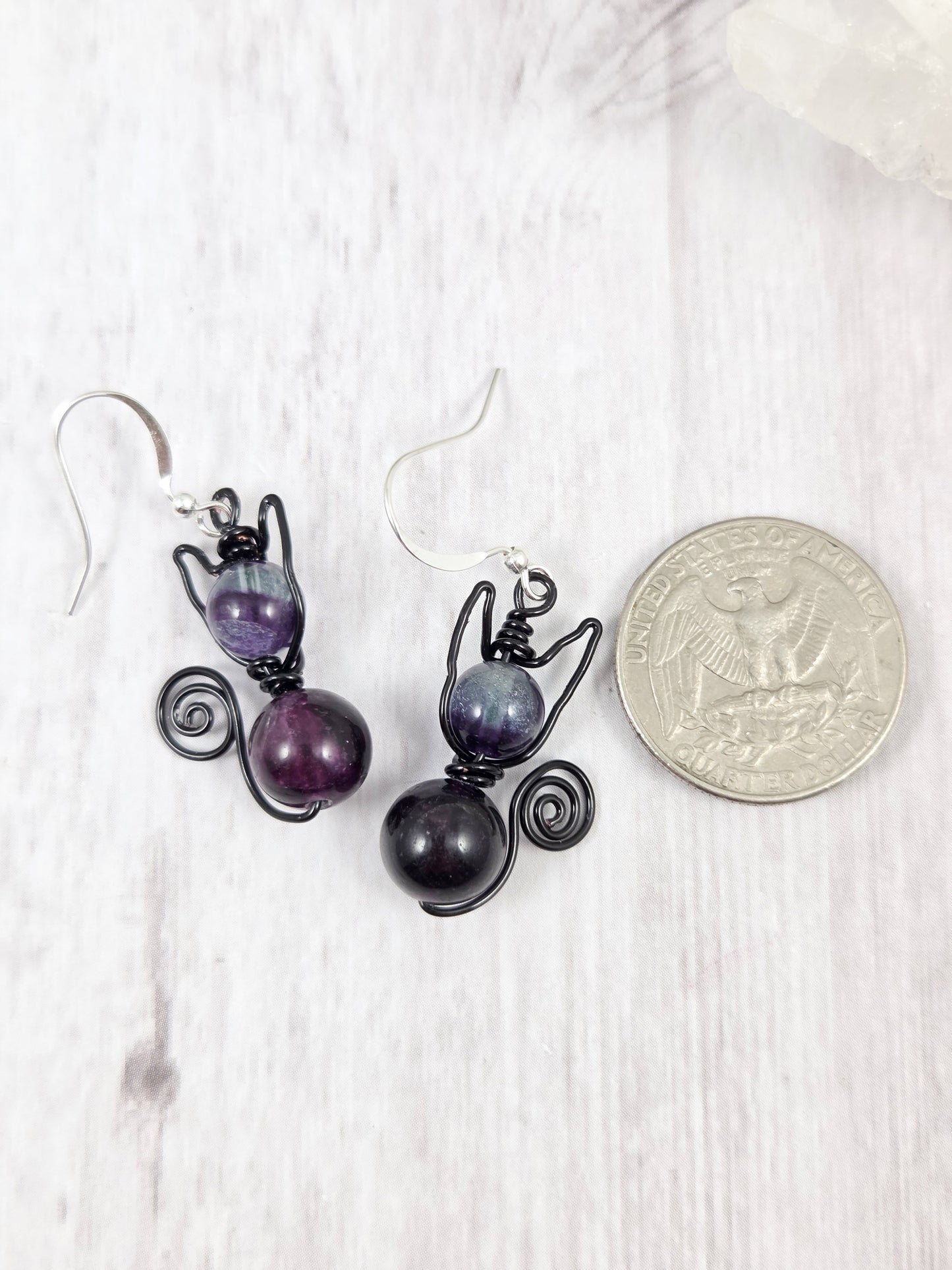 Dark Purple Fluorite Kitty Earrings in Black Wire