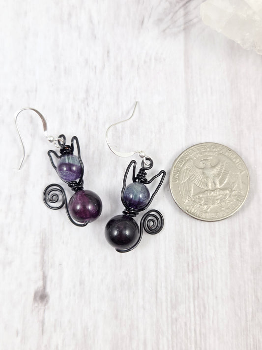 Dark Purple Fluorite Kitty Earrings in Black Wire
