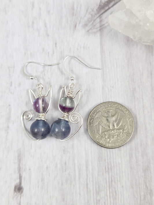 Purple and Green Fluorite Kitty Cat Earrings