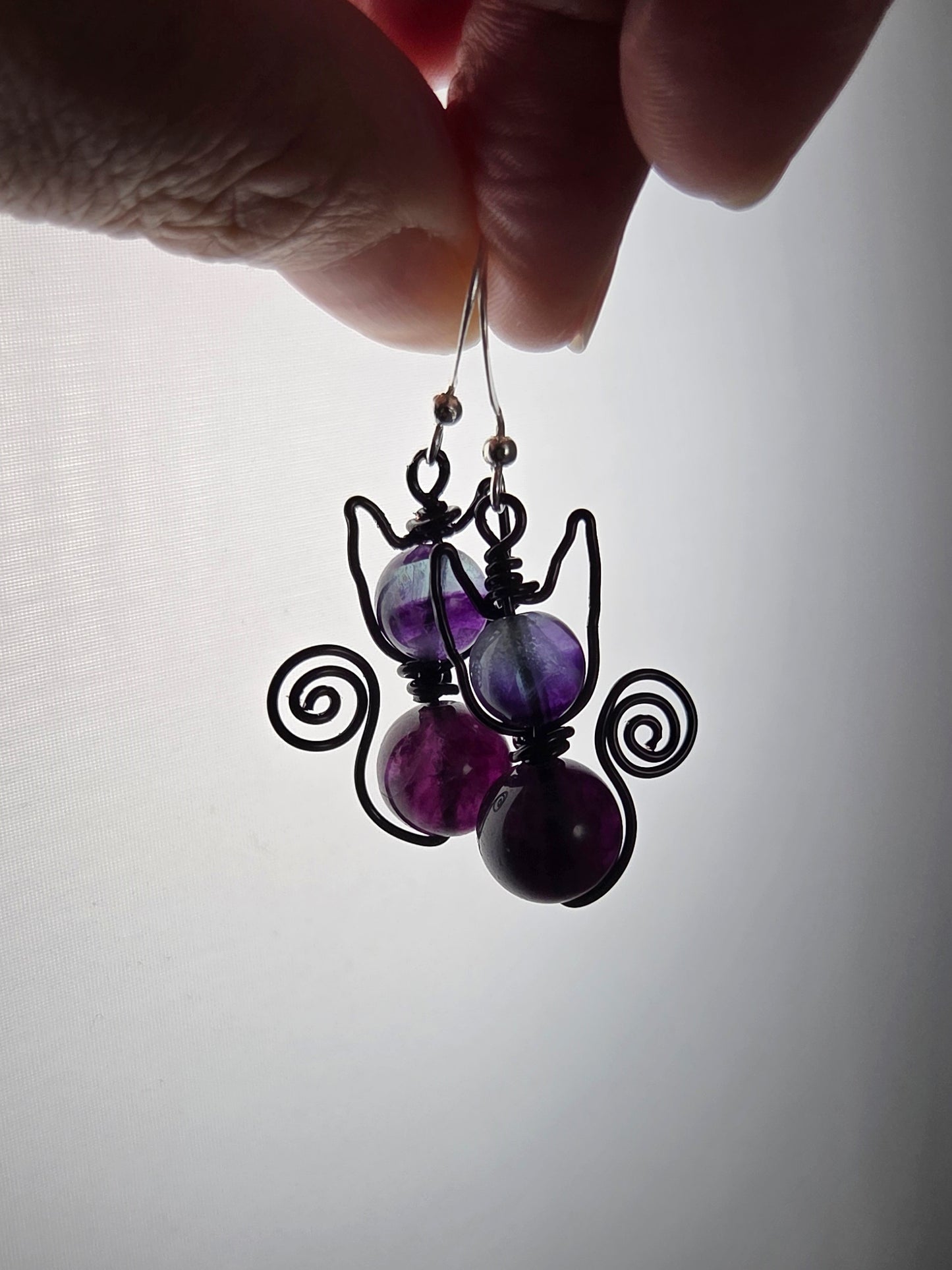 Dark Purple Fluorite Kitty Earrings in Black Wire
