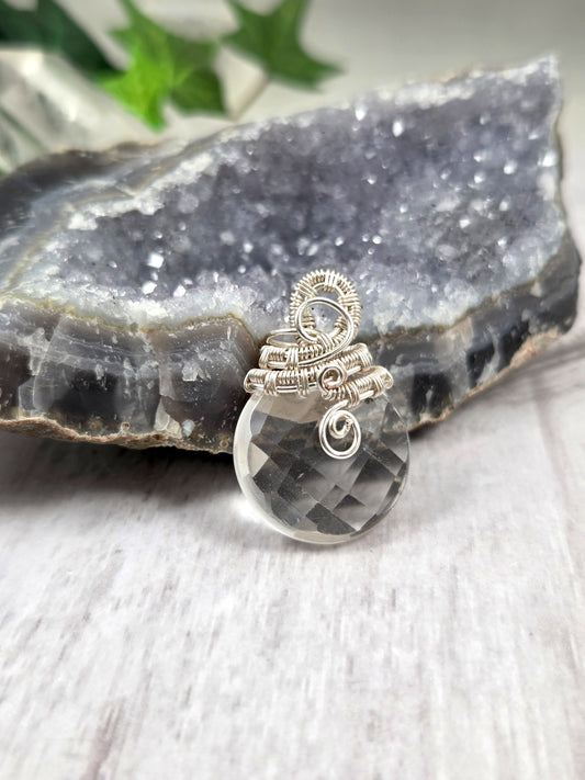 Wire Wrapped Faceted Round Quartz Pendant