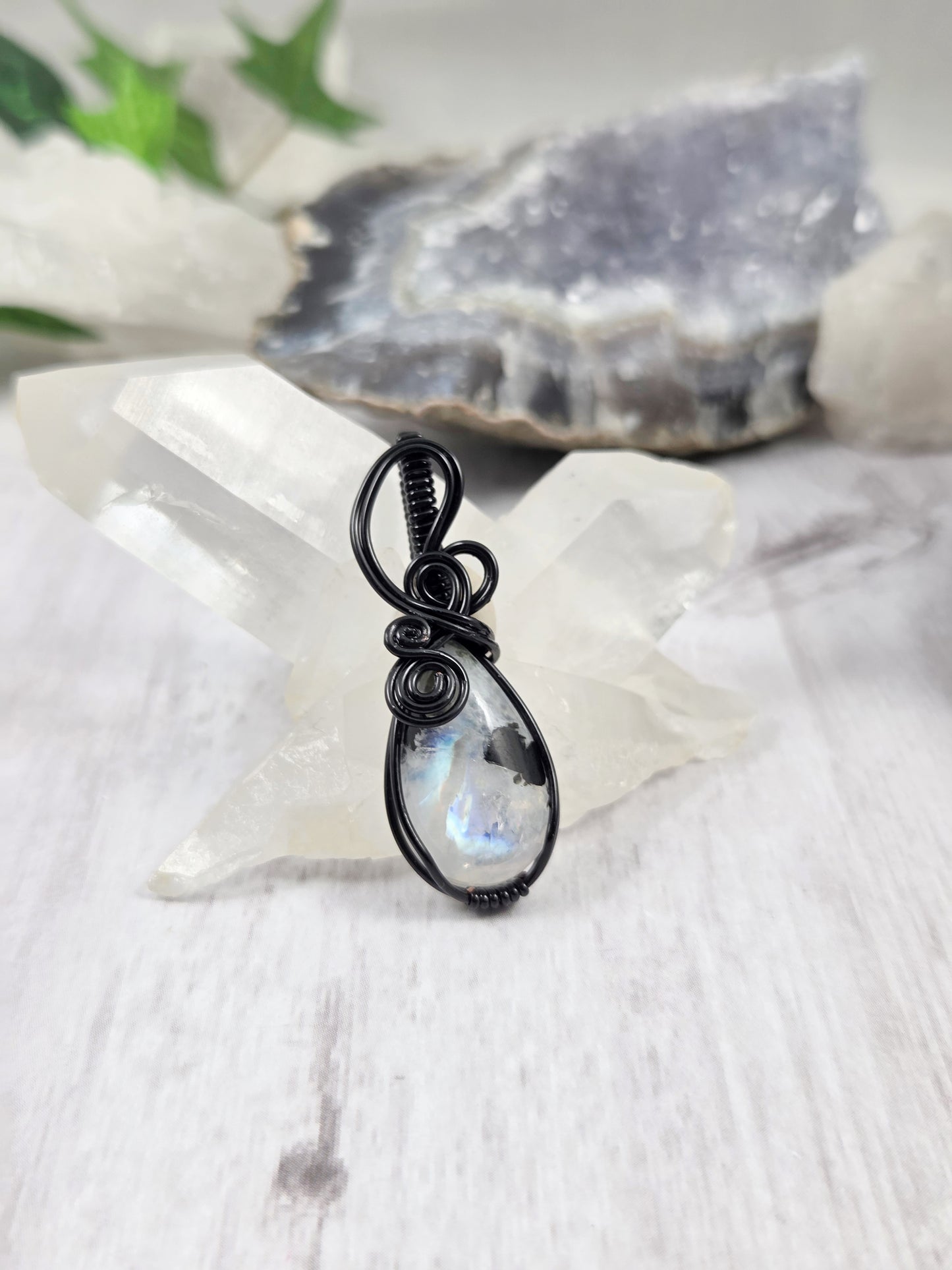 Very Flashy Rainbow Moonstone and Black Tourmaline Pendant