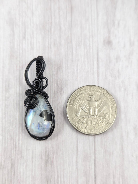 Very Flashy Rainbow Moonstone and Black Tourmaline Pendant