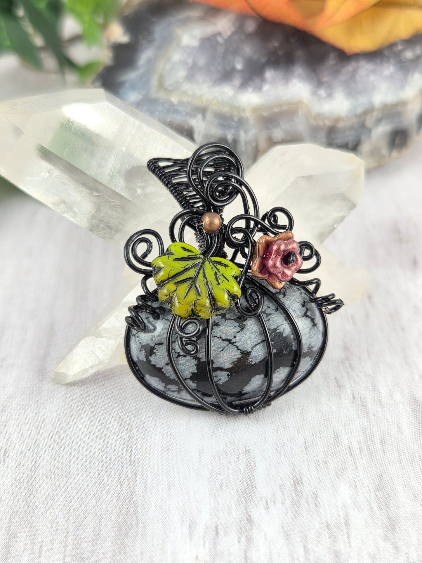 Festive Snowflake Obsidian Pumpkin with Czech Flower