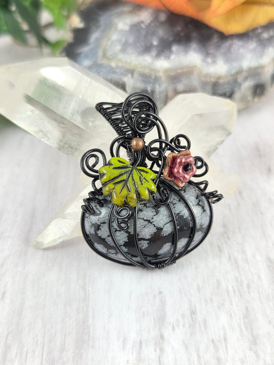 Festive Snowflake Obsidian Pumpkin with Czech Flower