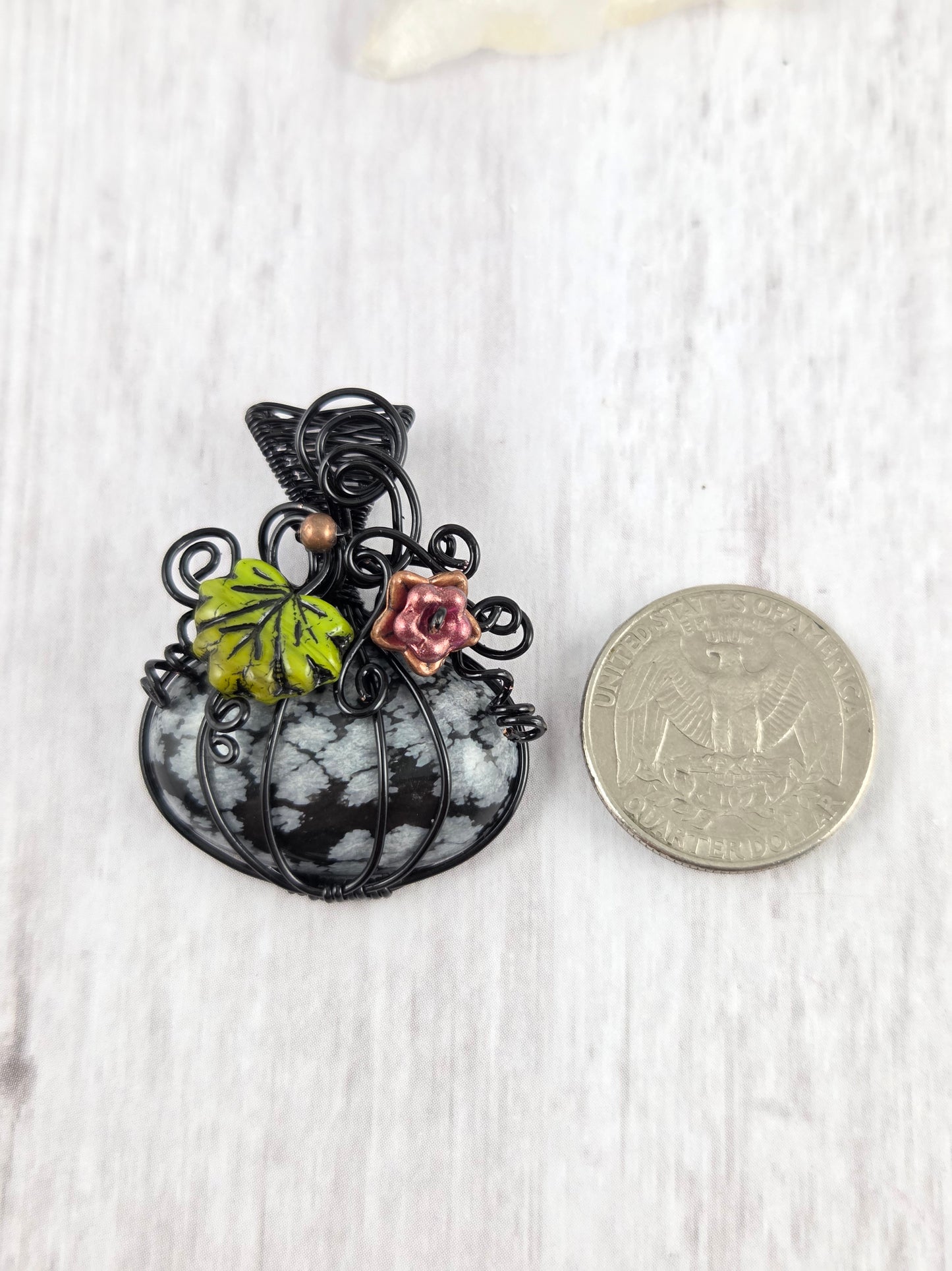 Festive Snowflake Obsidian Pumpkin with Czech Flower