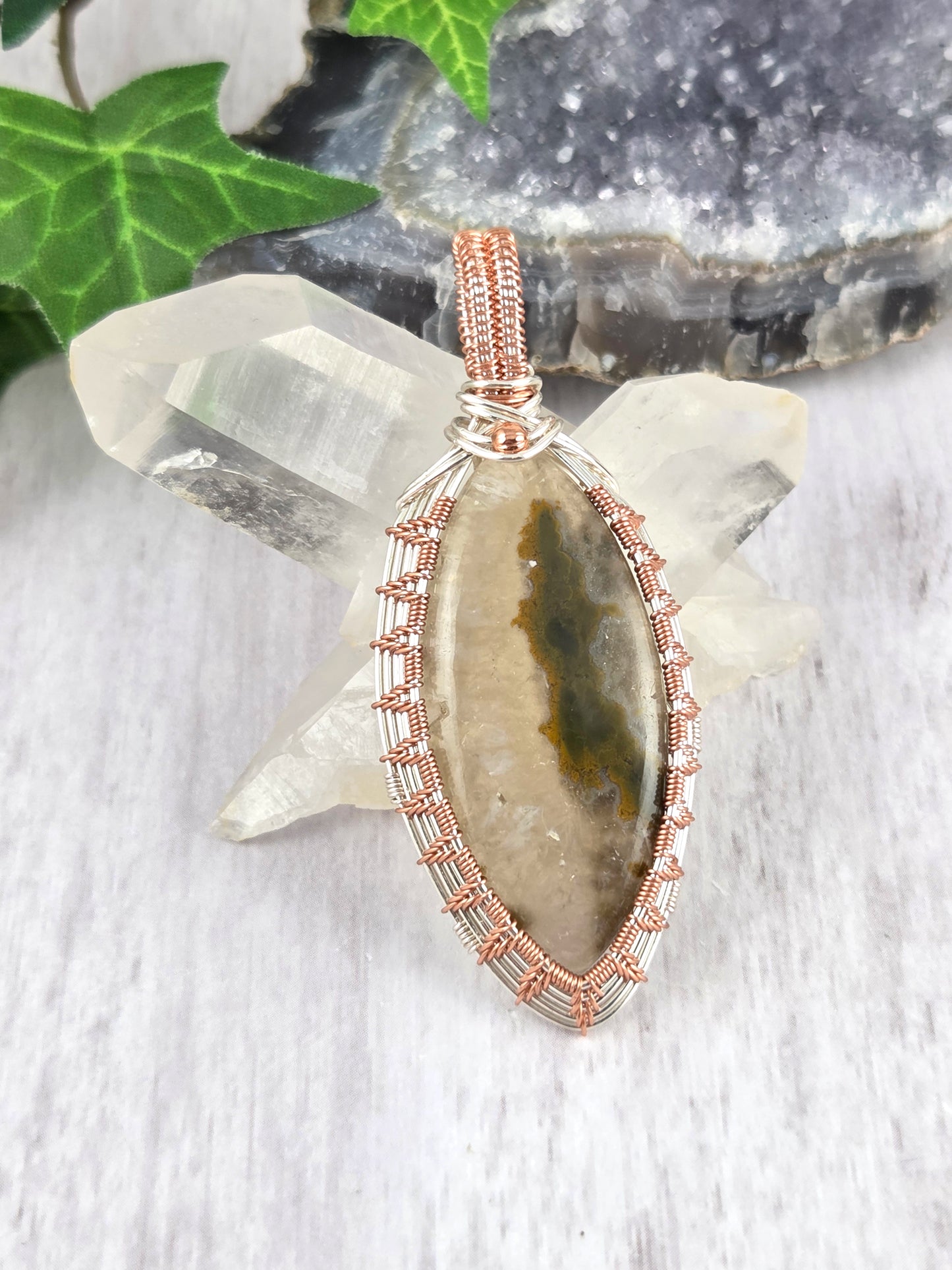 Ocean Jasper in Quartz Marquise Two-Tone Pendant