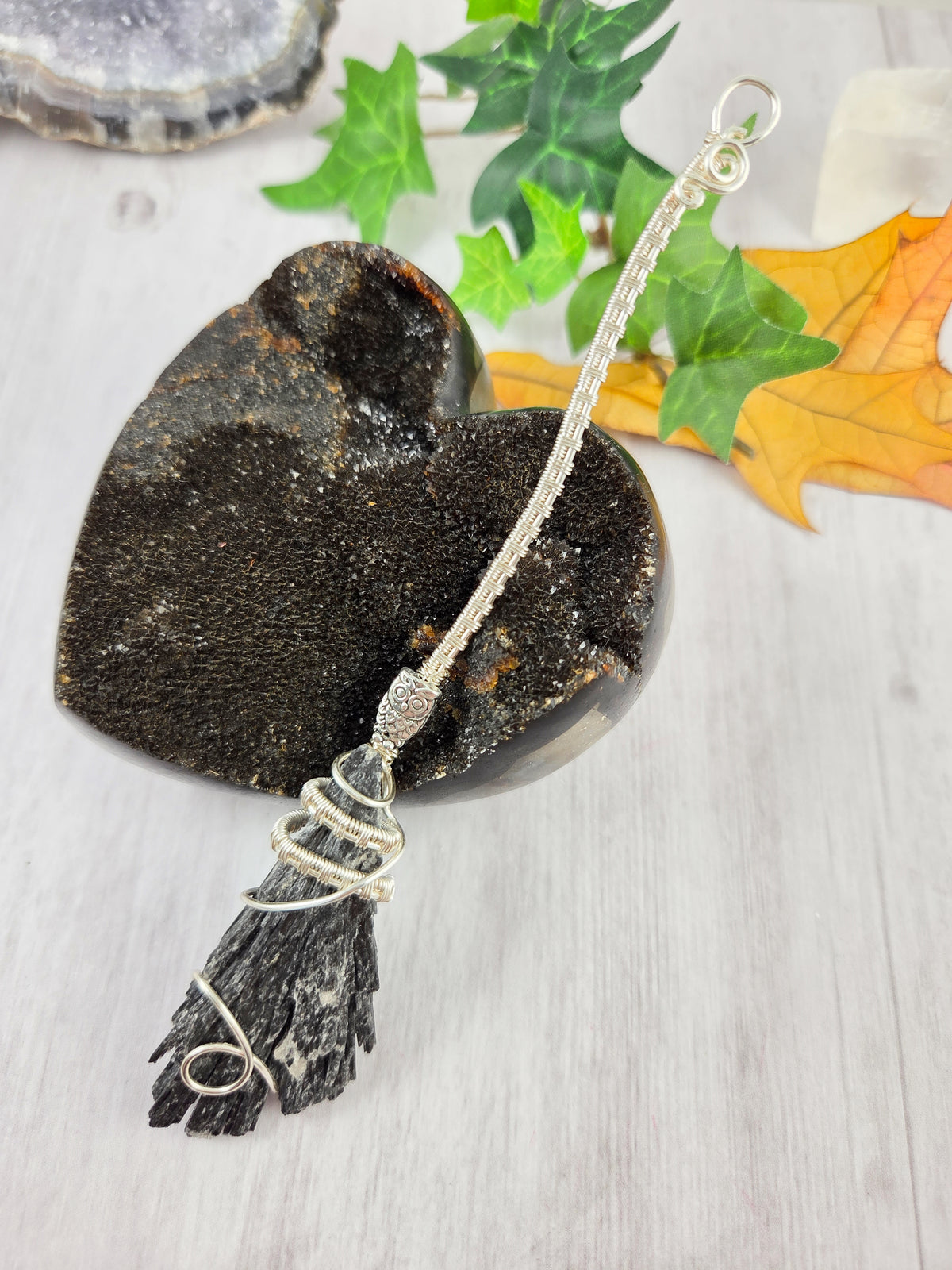 Black Kyanite Broom with Silver Owl