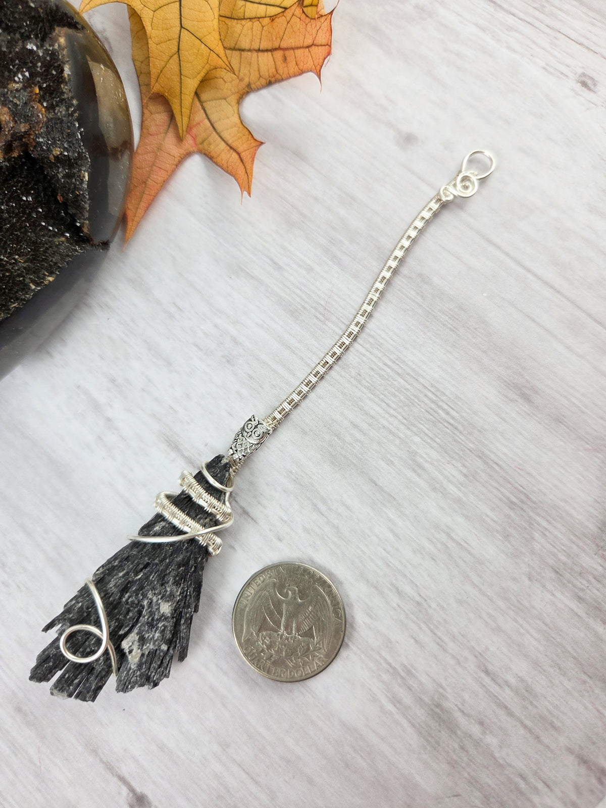 Black Kyanite Broom with Silver Owl