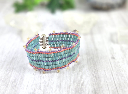 Fun Aqua Pink Purple Cuff Bracelet with Fringe