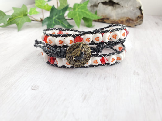 Valentine's Triple Wrap Cord Bracelet with Owl Button Clasp - Small size!