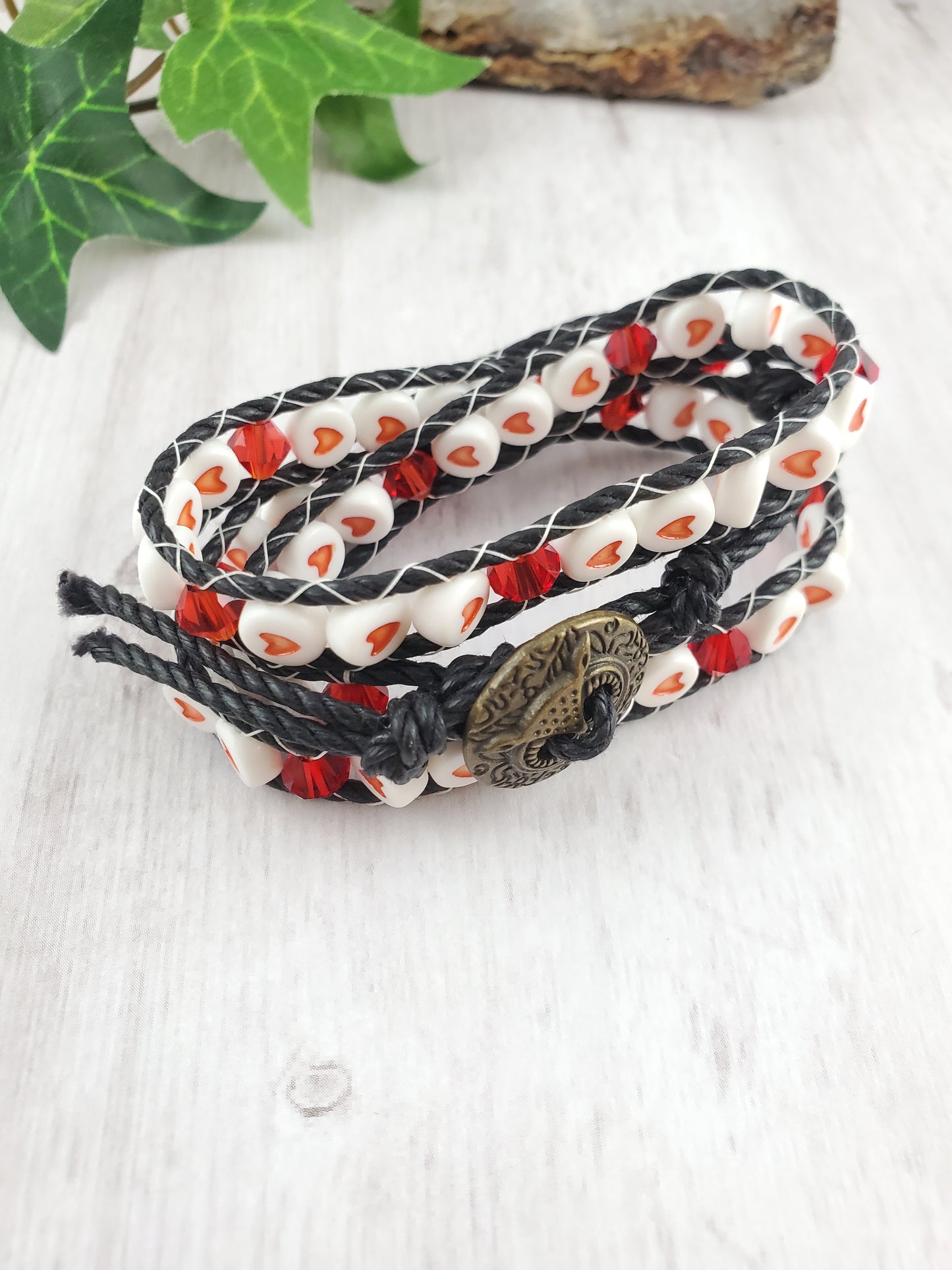 Valentine's Triple Wrap Cord Bracelet with Owl Button Clasp - Small size!