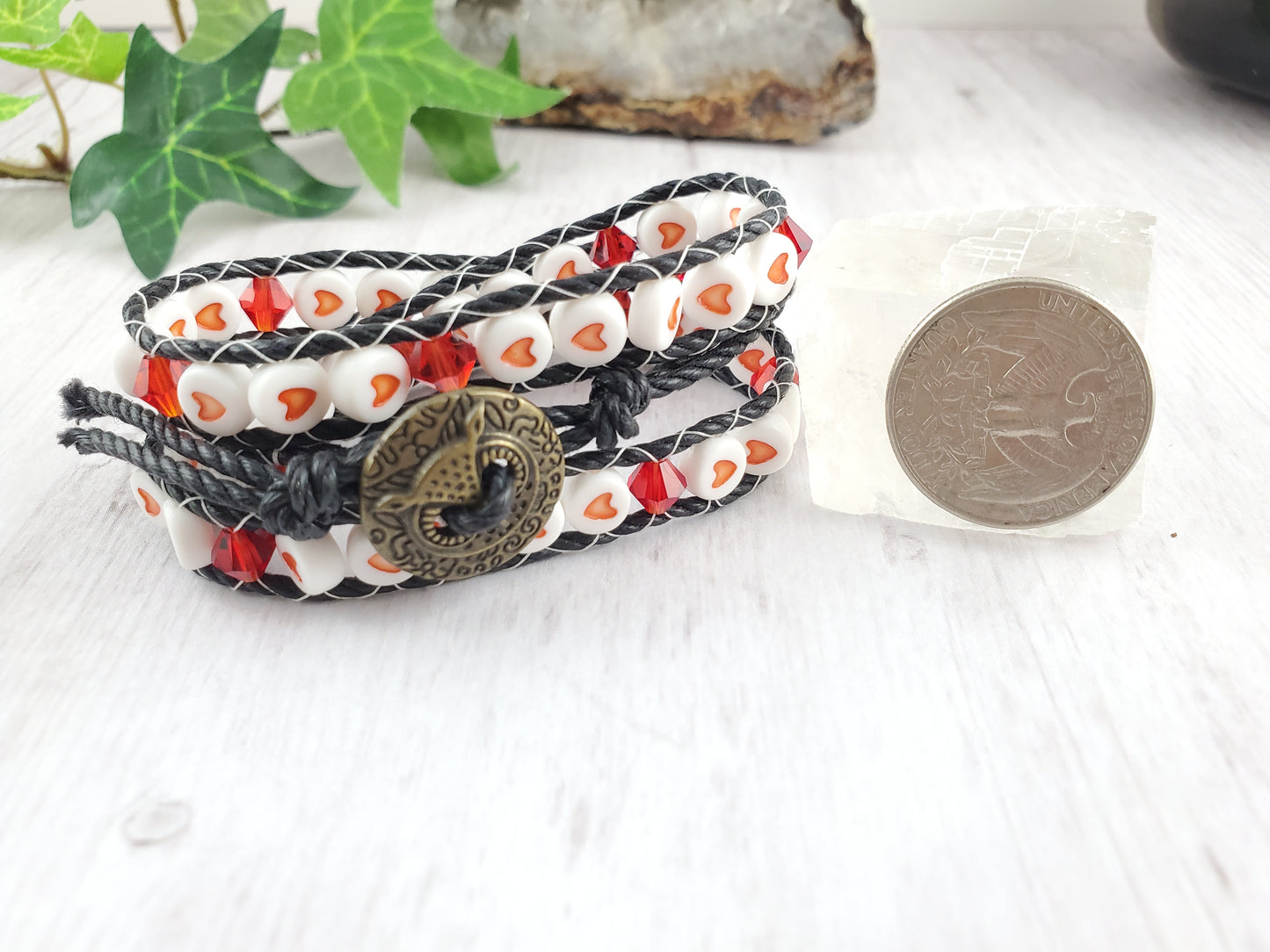 Valentine's Triple Wrap Cord Bracelet with Owl Button Clasp - Small size!