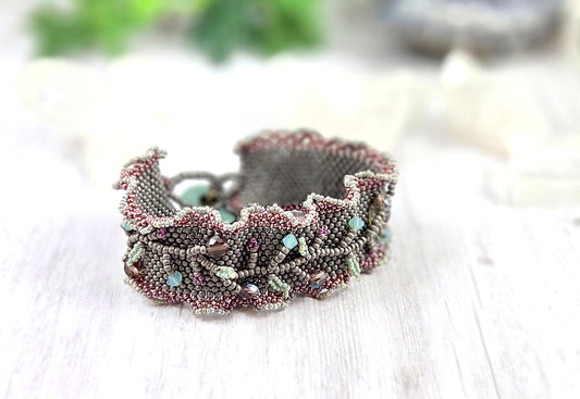 Ruffled Vine Cuff Bracelet with Swarovski Crystals & Antique Button Purple Grey Green