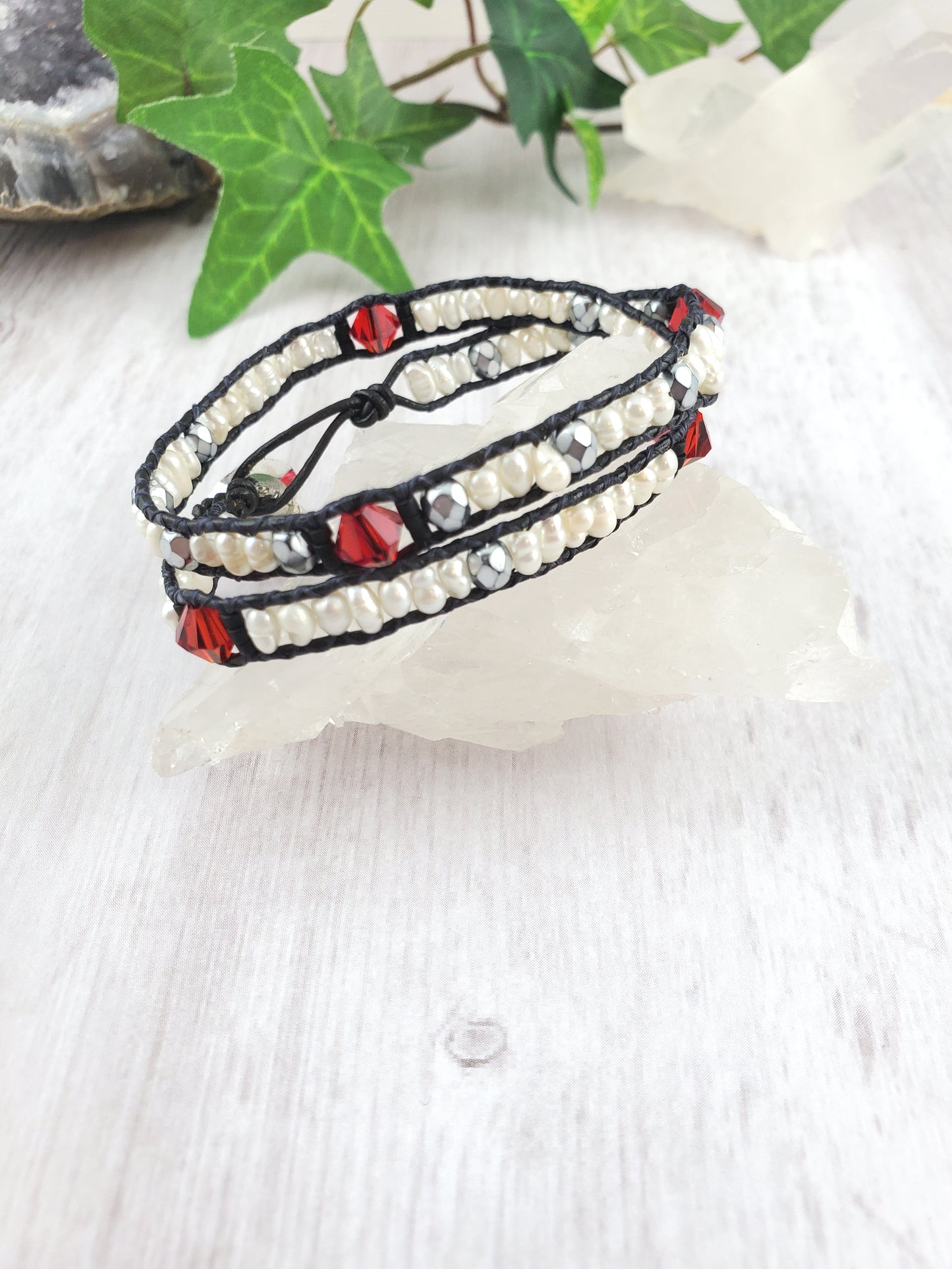 Red, Black and White Freshwater Pearl and Cut Glass Double Wrap Bracelet