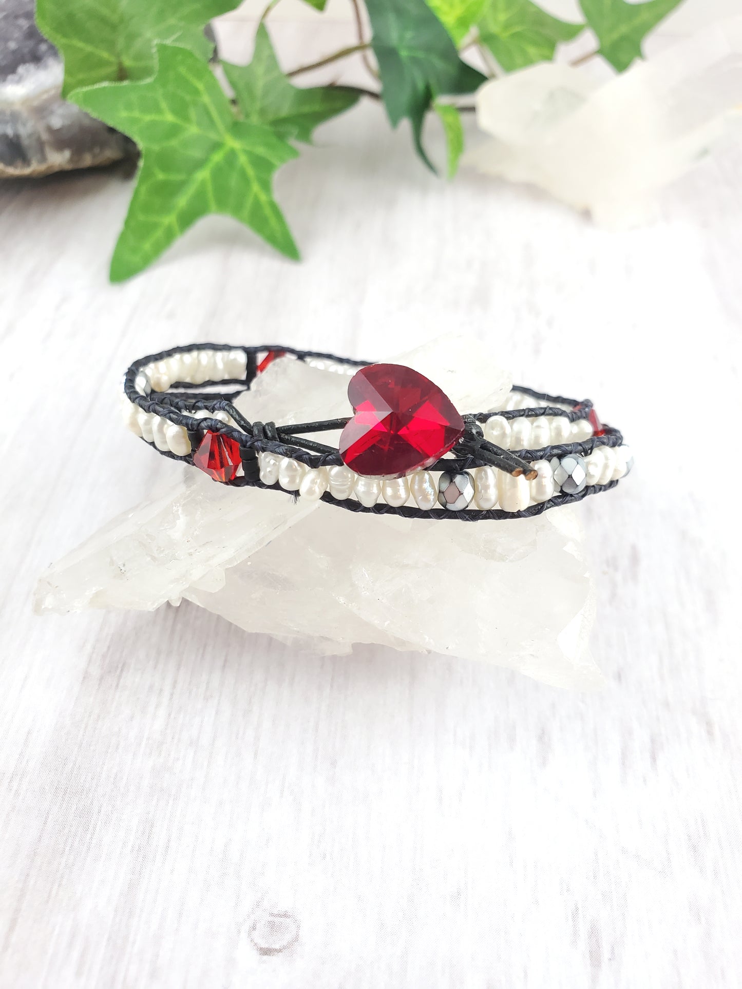 Red, Black and White Freshwater Pearl and Cut Glass Double Wrap Bracelet