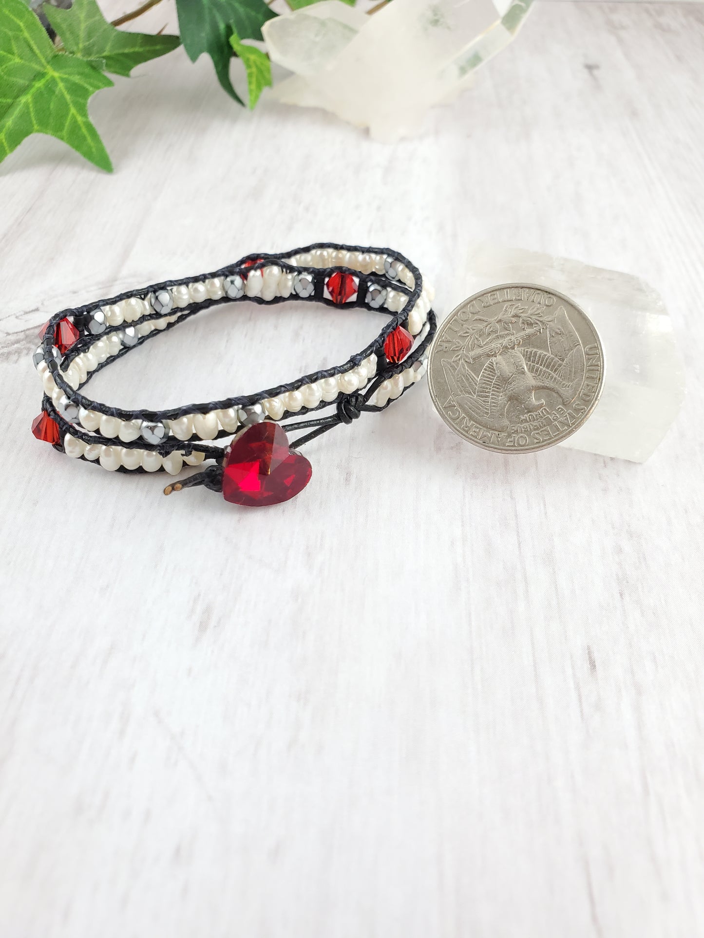 Red, Black and White Freshwater Pearl and Cut Glass Double Wrap Bracelet